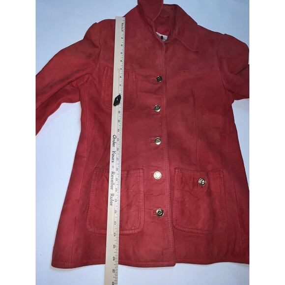 World Knits Suede Coat Women’s Size 12 Red Gold Buttons Leather Jacket Vintage - Picture 7 of 15